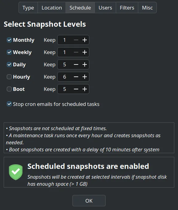 Screenshot of timeshift settings